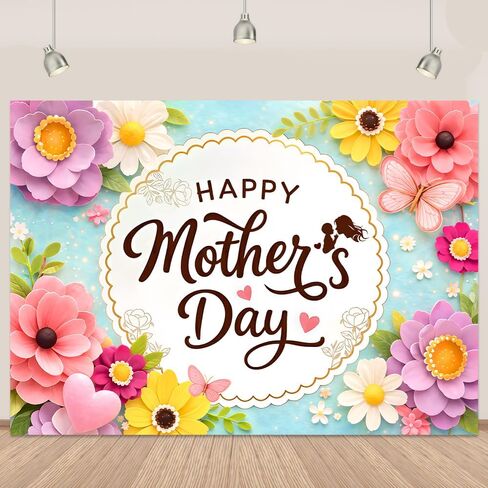 Happy Mothers Day Backdrop 7×5Ft Colorful Flowers Happy Mothers Day Banner Backdrops for Photography Blue Romantic Mother's Festival Party Decoration Banner 84x60 Inch (Polyester) in Kuwait