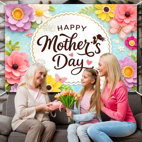 Happy Mothers Day Backdrop 7×5Ft Colorful Flowers Happy Mothers Day Banner Backdrops for Photography Blue Romantic Mother's Festival Party Decoration Banner 84x60 Inch (Polyester) in Saudi Arabia