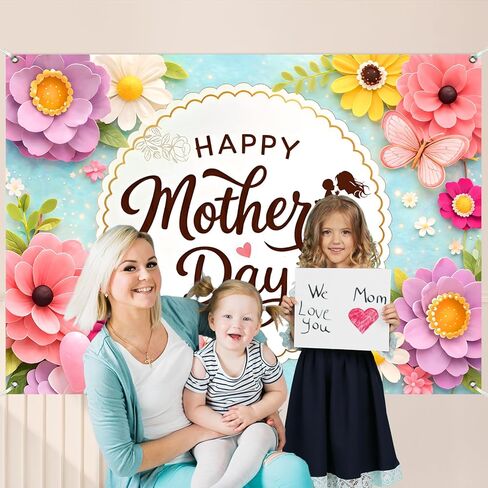 Happy Mothers Day Backdrop 7×5Ft Colorful Flowers Happy Mothers Day Banner Backdrops for Photography Blue Romantic Mother's Festival Party Decoration Banner 84x60 Inch (Polyester) in Saudi Arabia