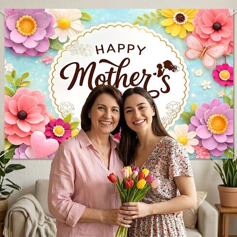 Happy Mothers Day Backdrop 7×5Ft Colorful Flowers Happy Mothers Day Banner Backdrops for Photography Blue Romantic Mother's Festival Party Decoration Banner 84x60 Inch (Polyester) in Saudi Arabia