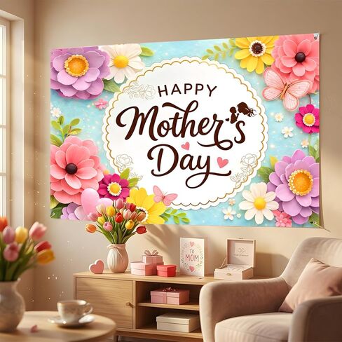 Happy Mothers Day Backdrop 7×5Ft Colorful Flowers Happy Mothers Day Banner Backdrops for Photography Blue Romantic Mother's Festival Party Decoration Banner 84x60 Inch (Polyester) in Saudi Arabia