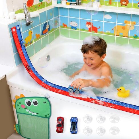 Race Car Bath Toy Set, Flex Race Track Car Set, Toddler Bath Toys, Kids Bathtub Gift,Accompanied by a mesh Storage Bag, Toy car, and Suction Cup, for Ages 3 & Up in Kuwait