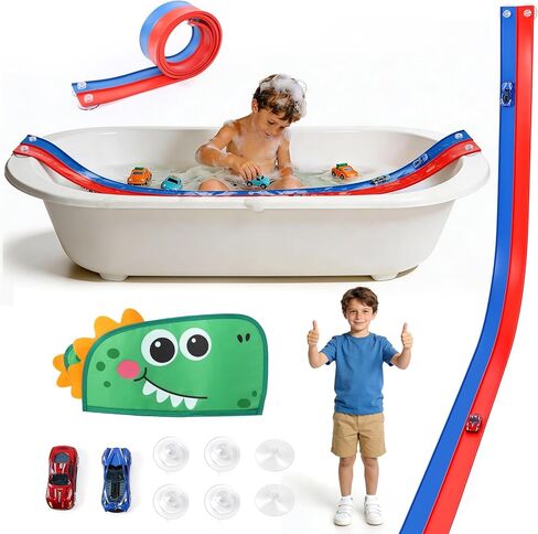 Race Car Bath Toy Set, Flex Race Track Car Set, Toddler Bath Toys, Kids Bathtub Gift,Accompanied by a mesh Storage Bag, Toy car, and Suction Cup, for Ages 3 & Up in Kuwait
