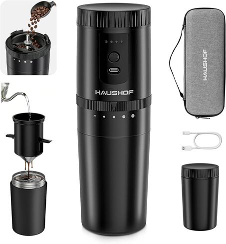 HAUSHOF Portable Coffee Maker, All-in-One Camping Coffee Makers Portable Mini Coffee Maker, Grind & Pour Over Compact Coffee Maker, Cordless Grinder for Travel, Camping, Car, and Home in Saudi Arabia