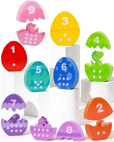 Toddlers Learning Toys Wooden Number Counting Montessori Educational Toys Matching Eggs Dinosaur Toys Sorting Fine Motor Games Christmas Birthday Easter Gift for Kids Boys Girls Ages 3+ in Kuwait