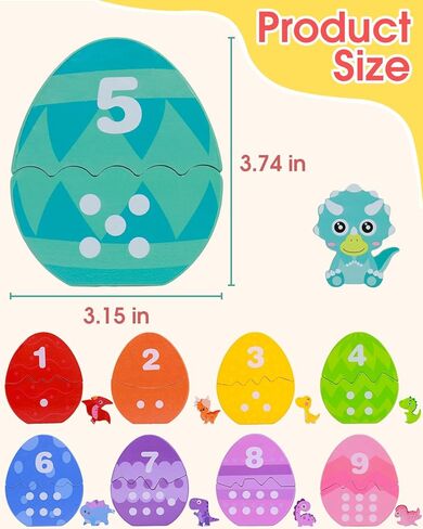 Toddlers Learning Toys Wooden Number Counting Montessori Educational Toys Matching Eggs Dinosaur Toys Sorting Fine Motor Games Christmas Birthday Easter Gift for Kids Boys Girls Ages 3+ in Kuwait