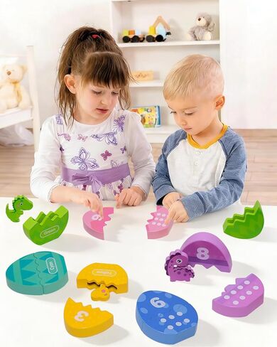 Toddlers Learning Toys Wooden Number Counting Montessori Educational Toys Matching Eggs Dinosaur Toys Sorting Fine Motor Games Christmas Birthday Easter Gift for Kids Boys Girls Ages 3+ in Kuwait