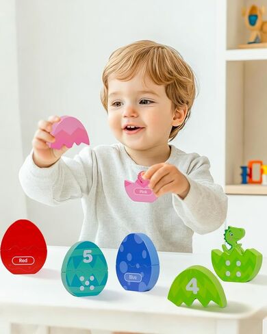 Toddlers Learning Toys Wooden Number Counting Montessori Educational Toys Matching Eggs Dinosaur Toys Sorting Fine Motor Games Christmas Birthday Easter Gift for Kids Boys Girls Ages 3+ in Kuwait