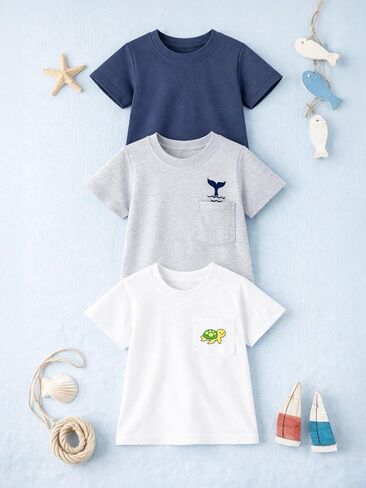 Boys 3 Pack Short Sleeve T-Shirts, Ocean Sea Turtle Whale Pocket Print Solid Color Crew Neck Cotton Tees for Kids 2-7Y in Saudi Arabia