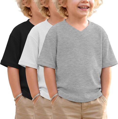 3 Pack Toddler Boys' Half Sleeve T-Shirts Summer Baby Ribbed V Neck Drop Shoulder Tops Loose Fit Casual 18m-6 Years in Saudi Arabia