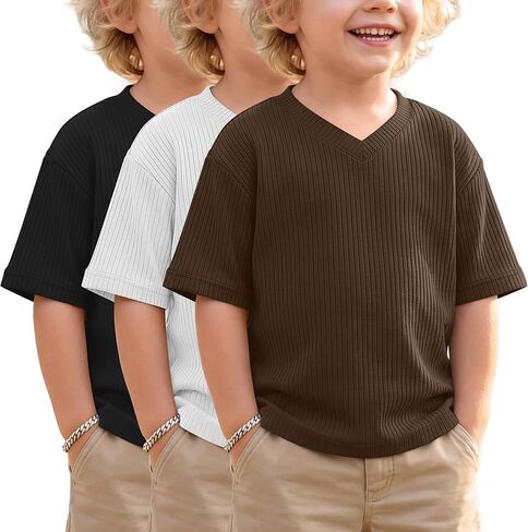 3 Pack Toddler Boys' Half Sleeve T-Shirts Summer Baby Ribbed V Neck Drop Shoulder Tops Loose Fit Casual 18m-6 Years in Saudi Arabia