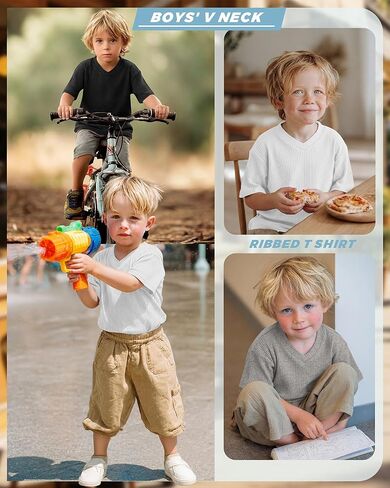 3 Pack Toddler Boys' Half Sleeve T-Shirts Summer Baby Ribbed V Neck Drop Shoulder Tops Loose Fit Casual 18m-6 Years in Saudi Arabia