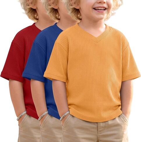 3 Pack Toddler Boys' Half Sleeve T-Shirts Summer Baby Ribbed V Neck Drop Shoulder Tops Loose Fit Casual 18m-6 Years in Saudi Arabia