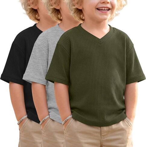 3 Pack Toddler Boys' Half Sleeve T-Shirts Summer Baby Ribbed V Neck Drop Shoulder Tops Loose Fit Casual 18m-6 Years in Saudi Arabia