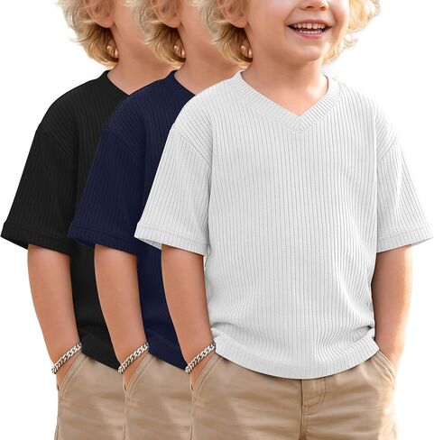 3 Pack Toddler Boys' Half Sleeve T-Shirts Summer Baby Ribbed V Neck Drop Shoulder Tops Loose Fit Casual 18m-6 Years in Saudi Arabia