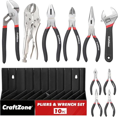 مجموعة كماشة ومفاتيح ربط مكونة من 10 قطع من CRAFTZONE، تتضمن كماشة مفصلية منزلقة، وكماشة أنف طويلة، وكماشة قطرية، وكماشة مفاصل أخدود، وكماشة خطاط ومفتاح ربط قابل للتعديل، مع حامل. للاستخدام المنزلي والمنزلي. in Kuwait
