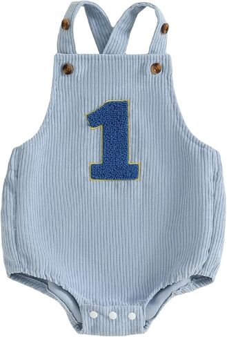 Baby Boy First Birthday Outfit Sleeveless Corduroy Overalls Bubble Bodysuit 1st Birthday Romper Cake Smash Outfit in Kuwait