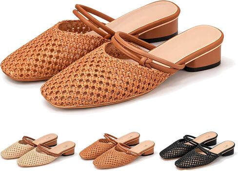 Women's Woven Mules French Retro Block Mid Heel Sandals Square Toe Braided Slide Sandals Slip on Backless Dressy Loafers for Summer Vacation Office Dressy in Kuwait
