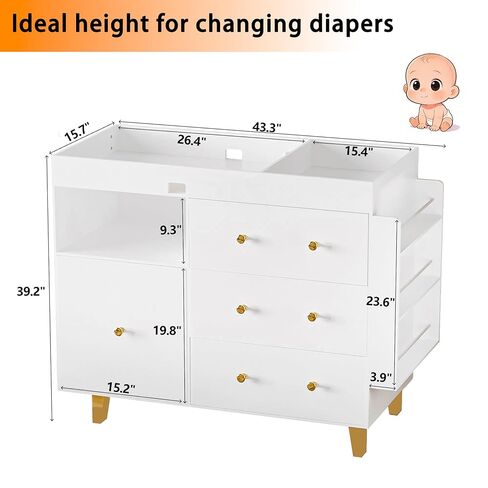 Wooden Baby Changing Table Dresser,Diaper Changing Table with Large Tabletop,4 Drawers, Open Storage Space & Side Shelves,Modern Storage Crib with Changing Table for Nurseries and Baby Rooms,White in Kuwait