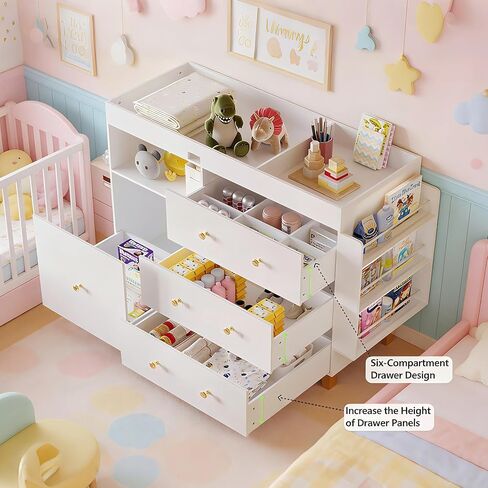 Wooden Baby Changing Table Dresser,Diaper Changing Table with Large Tabletop,4 Drawers, Open Storage Space & Side Shelves,Modern Storage Crib with Changing Table for Nurseries and Baby Rooms,White in Kuwait