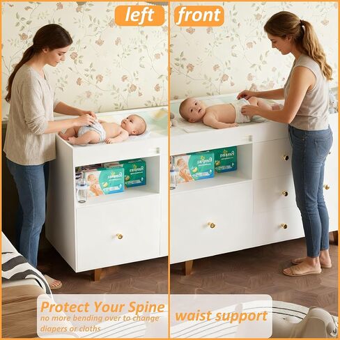 Wooden Baby Changing Table Dresser,Diaper Changing Table with Large Tabletop,4 Drawers, Open Storage Space & Side Shelves,Modern Storage Crib with Changing Table for Nurseries and Baby Rooms,White in Kuwait