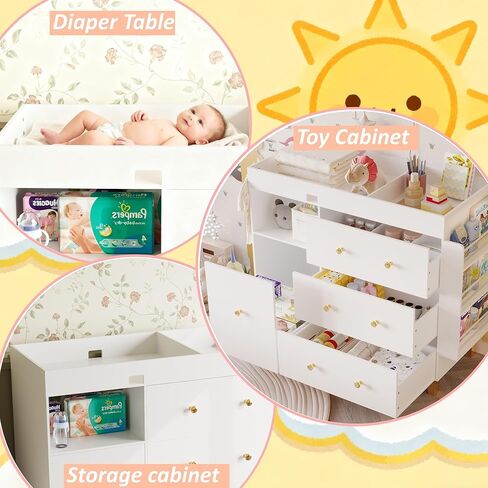 Wooden Baby Changing Table Dresser,Diaper Changing Table with Large Tabletop,4 Drawers, Open Storage Space & Side Shelves,Modern Storage Crib with Changing Table for Nurseries and Baby Rooms,White in Kuwait