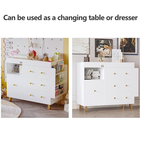 Wooden Baby Changing Table Dresser,Diaper Changing Table with Large Tabletop,4 Drawers, Open Storage Space & Side Shelves,Modern Storage Crib with Changing Table for Nurseries and Baby Rooms,White in Kuwait