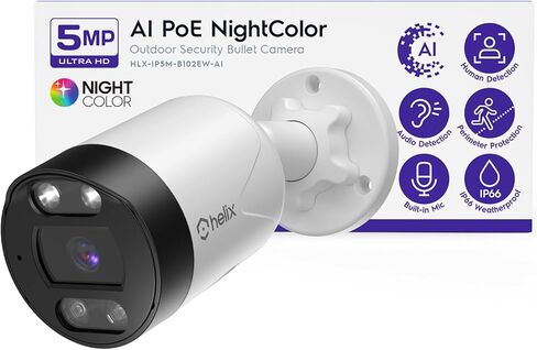 كاميرا Helix 5MP خارجية IP Security PoE، كشف الإنسان، متوافقة مع NDAA، رصاصة مراقبة IP، صوت ثنائي الاتجاه، دعم 256 جيجابايت MicroSD، رؤية ليلية ملونة 98 قدمًا، رادع، HLX-IP5M-B102EW-AI in Kuwait