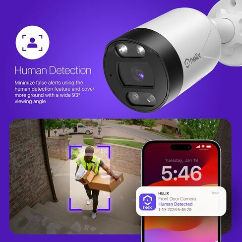 كاميرا Helix 5MP خارجية IP Security PoE، كشف الإنسان، متوافقة مع NDAA، رصاصة مراقبة IP، صوت ثنائي الاتجاه، دعم 256 جيجابايت MicroSD، رؤية ليلية ملونة 98 قدمًا، رادع، HLX-IP5M-B102EW-AI in Kuwait