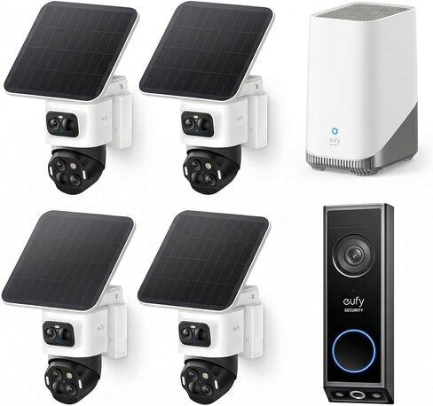 eufy Security eufyCam S4 4-Cam Kit مع جرس باب فيديو E340، كاميرا تعمل بالطاقة الشمسية 4K لاسلكية في الهواء الطلق، كاميرا PTZ ثلاثية العدسات، عرض 360 درجة، تغطية المنزل بالكامل، التعرف على الذكاء الاصطناعي، تكبير 8X، بدون رسوم شهرية، تخزين محلي in Kuwait