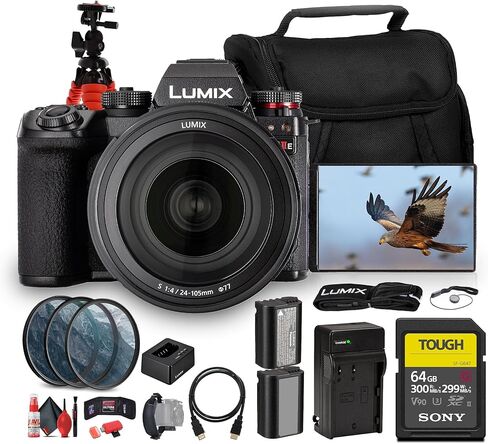 كاميرا باناسونيك LUMIX S1 IIE بدون مرآة | قوة احترافية كاملة الإطار مع فيديو بدقة 6K وISO أصلي مزدوج مع عدسة مقاس 24-105 مم f/4 (DC-S1M2EMK) + بطاقة سعة 64 جيجابايت + طقم مرشح عدسة + بطارية + المزيد in Kuwait