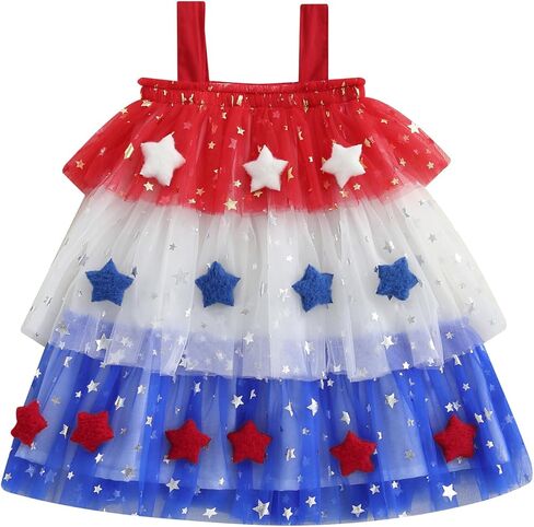 Toddler Little Girl 4th of July Outfit Star Tulle Tutu Dress Sleeveless Strap Tiered Dress Patriotic Pageant Clothes in Saudi Arabia