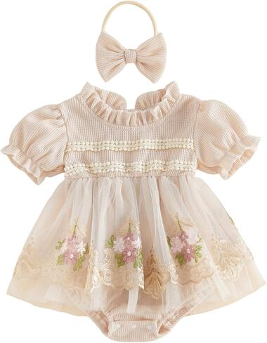 Sasaerucure Newborn Infant Baby Girl Summer Outfits Short Sleeve Floral Onesie Lace Patchwork Romper Dress + Headband in Saudi Arabia