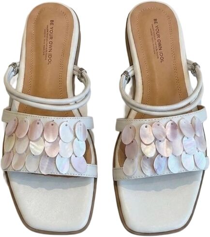 Fashion Pearl Shell Flat Slide Sandals Soft Leather Square Toe French Style Women Summer Beach Elegant Casual Dressy Shoes in Kuwait