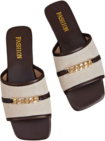 GORGLITTER Women's Dressy Open Square Toe Flats Metal Chain Single Band Slip on Slide Sandals in Kuwait