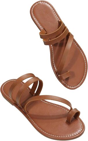 OYOANGLE Women's Leather Strappy Flat Sandals Open Toe Ring Slip on Summer Vacation Slide Sandals in Kuwait