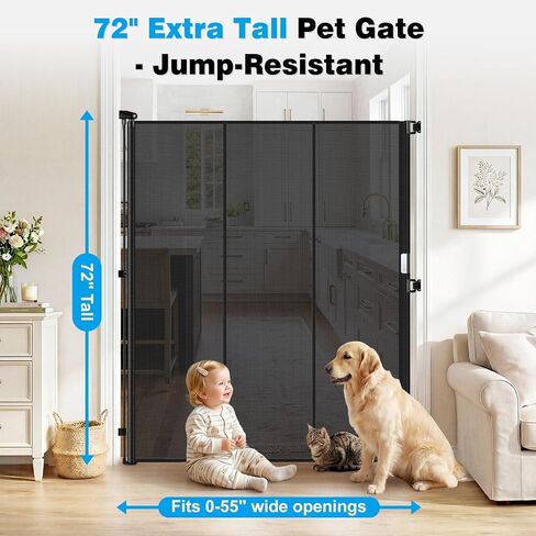 Reinforced 72" Extra Tall Cat Gate for Doorway, Jump-Resistant & Prevent Crawling Underneath Safety Retractable Baby Gates, Fits 0-55" Width Indoor Retractable Dog Gate, Barrier, Screen & Fence in Kuwait