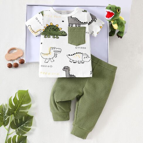 Baby Boy Dinosaur Clothes Outfits 2Pcs Infant Short Sleeve Ribbed Shirt and Pants Set Newborn Clothing Green White in Kuwait