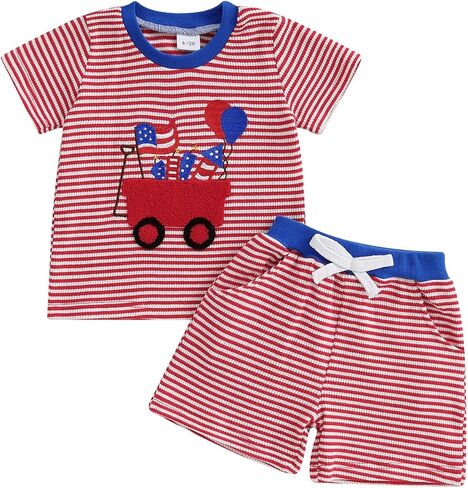 FOCUSNORM Toddler Baby Boys 4th of July Outfits Flag Embroidery Waffle Short Sleeves T-Shirt and Shorts Set 2 Pcs Clothes in Kuwait