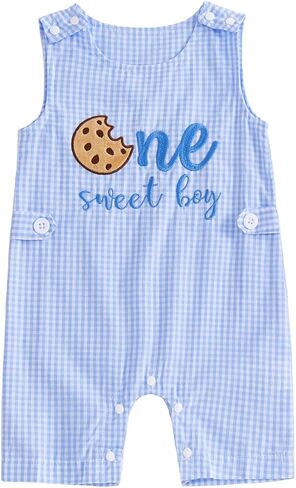 Baby Boy First Birthday Outfit One Sweet Cookie Jumpsuit Plaid Romper Sleeveless Onesie Cute Summer Clothes in Kuwait