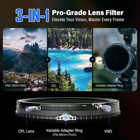 H&Y RevoRing MKⅡ 58mm 62mm 67mm 72mm 77mm Variable ND Filter & CPL Polarizer, 3-in-1 VND (ND3-1000) Camera Lens Filter with Adjustable Adapter Ring, 22 Multi-Layer Nano-Coating in Kuwait