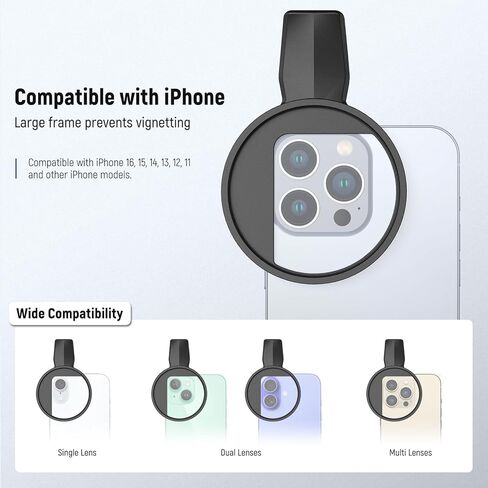 مرشح NEEWER 67 مم متغير ND متوافق مع iPhone، مشبك على ND2-32 مجموعة ملحقات التصوير الفوتوغرافي لعدسات الهاتف ذات الكثافة المحايدة المتوافقة مع iPhone 17 16 15 Pro Max Plus 16e 14 13 mini، FL-B25 in Kuwait