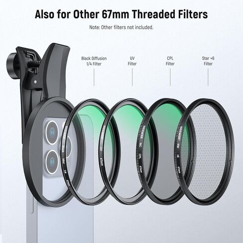 مرشح NEEWER 67 مم متغير ND متوافق مع iPhone، مشبك على ND2-32 مجموعة ملحقات التصوير الفوتوغرافي لعدسات الهاتف ذات الكثافة المحايدة المتوافقة مع iPhone 17 16 15 Pro Max Plus 16e 14 13 mini، FL-B25 in Kuwait