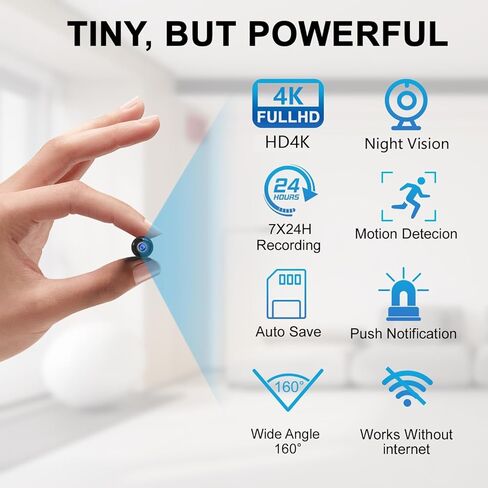 Ultra Mini WiFi Camera,Tiniest Pocket-Sizes,HD4K Video Recording Live Feed,No Need Wifi Camera,Nanny Cam,Smart Alerts Baby Monitor Pet Monitoring with Night Vision,Motion Detection,Cloud Storage in Kuwait