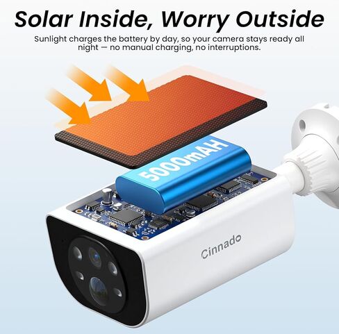كاميرات Cinnado الأمنية اللاسلكية في الهواء الطلق - 2.4 جيجا هرتز Wi-Fi لأمن المنزل، تعمل بالبطارية مع لوحة شمسية مدمجة، رؤية ليلية ملونة 2K، اكتشاف الإنسان، بطاقة TF والتخزين السحابي، S1 1 Pack in Kuwait