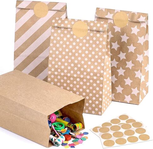 VGOODALL 36 PACK أكياس الورق Kraft Pattern مع ملصقات ، وأكياس الحفلات القابلة لإعادة الاستخدام لحفلات الزفاف وأعياد الميلاد وتجارة التجزئة وعلاج الغداء in Saudi Arabia