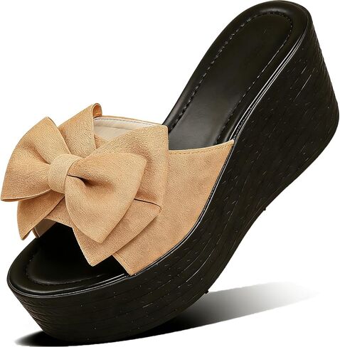 Bow-Knot Slipper Sandals for Women's Platform Heel Beach Sandals Elegant Round Toe 3.4IN Wedges Heel Non-Slip Lug Sole Casual Slippers for Summer Daily Outdoor Walking Party Wear in Kuwait