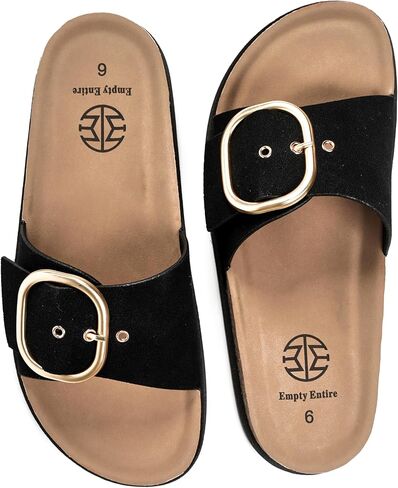 Women's Cork Sandals with Arch Support – Fashion Slides with Oversized Metal Buckle and Soft Microfiber Suede Upper – Comfortable Sandals for Wide Feet, High Instep, Swollen Feet in Kuwait