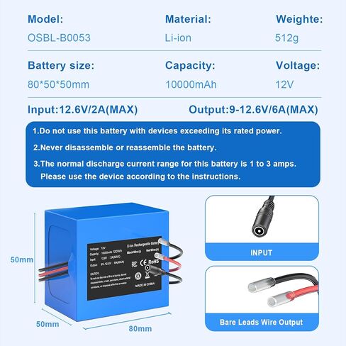 12V 10000mAh Rechargeable Lithium Ion Battery Pack with Charger & Bare Leads, 120Wh High Capacity Li-ion Battery for DIY Projects, LED Strip, CCTV, RC Car, Robotics, Power Backup with BMS in Kuwait