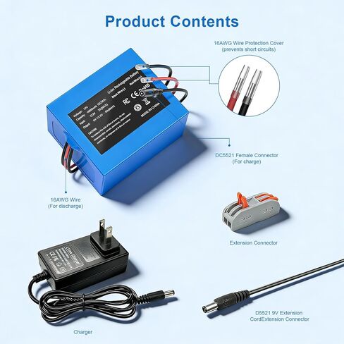 12V 10000mAh Rechargeable Lithium Ion Battery Pack with Charger & Bare Leads, 120Wh High Capacity Li-ion Battery for DIY Projects, LED Strip, CCTV, RC Car, Robotics, Power Backup with BMS in Kuwait